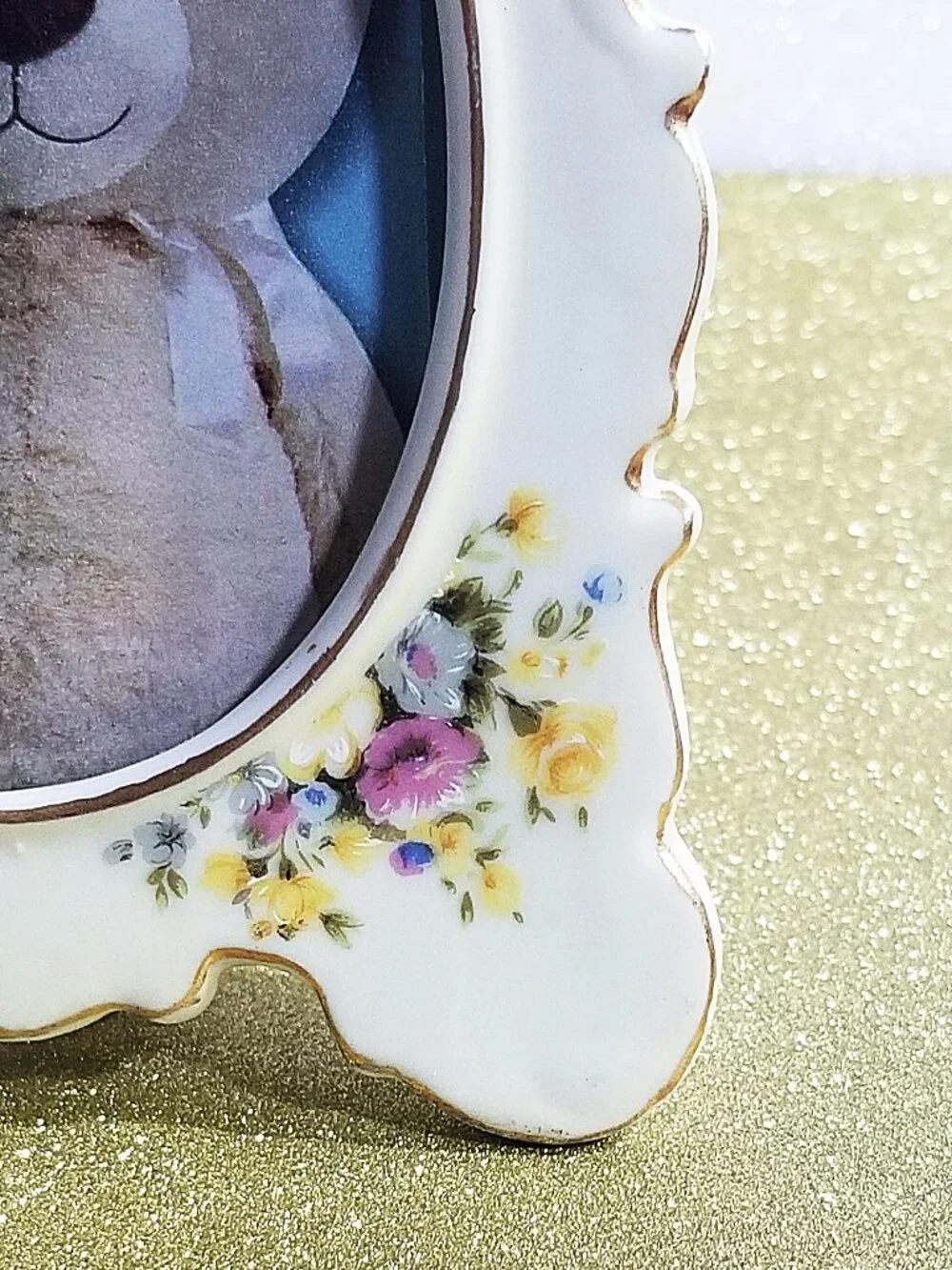 Vintage Lefton China Picture Frame Hand-Painted Porcelain Floral Gold Trim